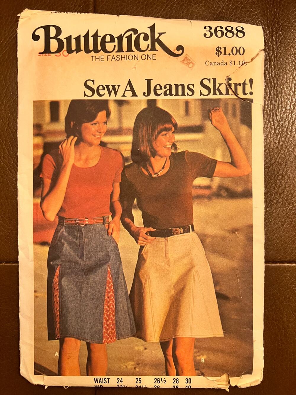Vintage Butterick 3688 Jeans Skirt Sewing Pattern Size 30 Uncut 1970s Denim